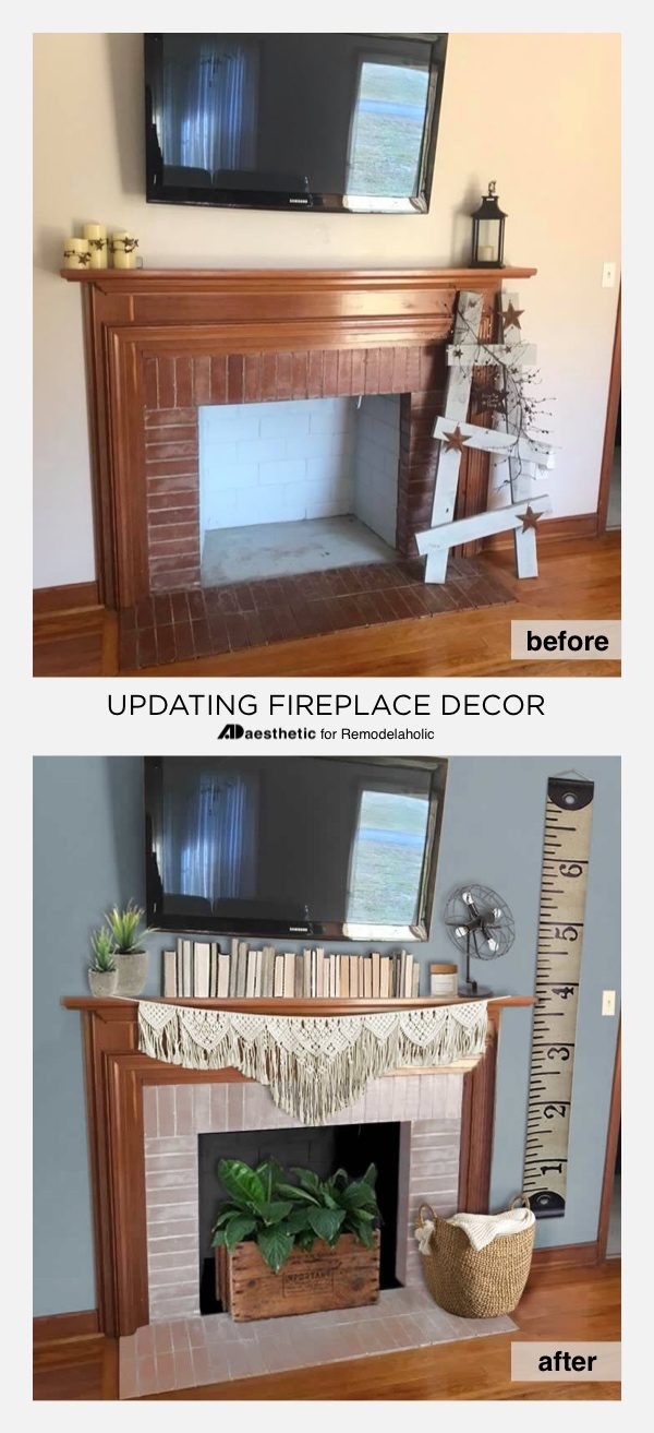 Before and After: Decorating Around a TV Over a Fireplace | Tips for decorating a mantel and fireplace with a TV, including tips on scale and working with existing wood tones #Mrli