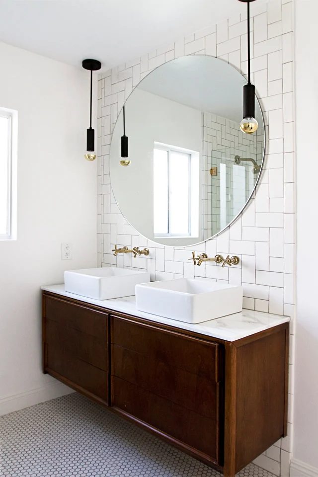 Decorating with White @Bekob - white bath with vintage wood credenza vanity
