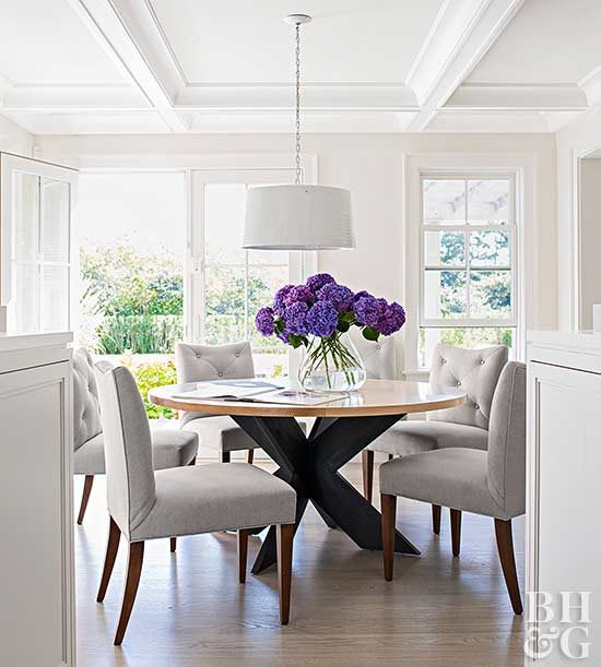 Neutral Dining Room With Purple Hydrangeas Via BHG
