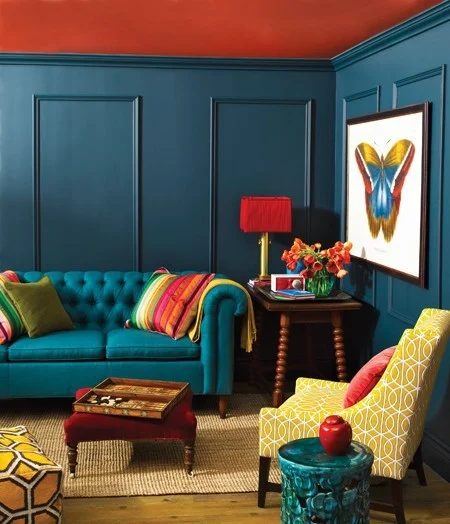 teal walls with bold ceiling