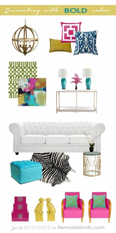 Tips on decorating with BOLD color by Just The Bees Knees for Bekob.com #moodboard #decorate #colors