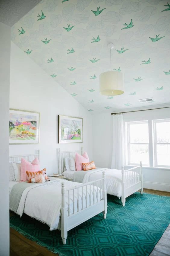 Shared Kids Space Inspiration -- wallpaper on the ceiling. Need that.