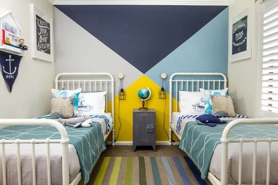Shared boys room inspiration - love the geometric colorful wall