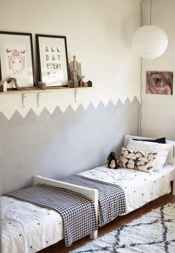 Shared Kids Space Inspiration -- zig zag painted wall, just top and bottom, with beds head to foot. I like it.