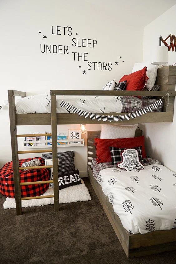 Shared Kids Space Inspiration -- beds plus a reading nook in a small space. Smart!