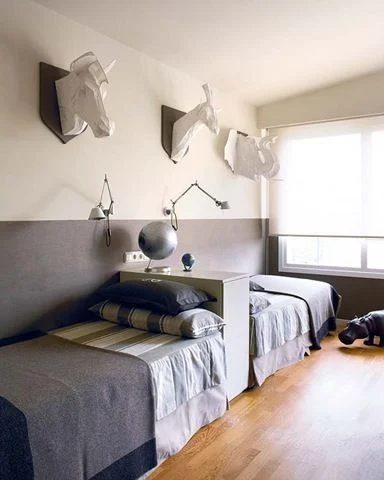 Shared boys room inspiration -- one headboard for two beds!