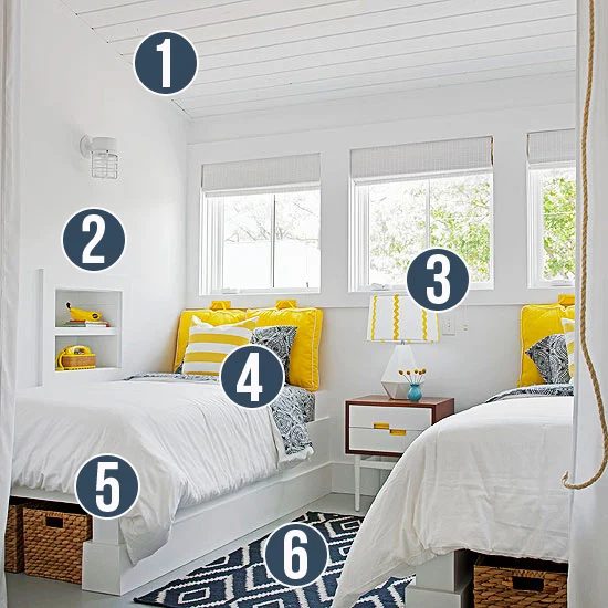 Get This Look - Yellow and Navy Shared Bedroom - 6 Tips from Bekob.com