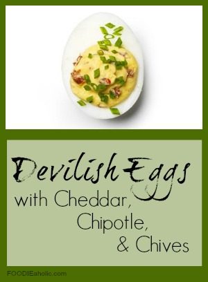 Devilish Eggs with Cheddar, Chipotle, and Chives | FOODIEaholic.com #appetizer #eggs #deviledeggs #cheddar #chipotle #chives