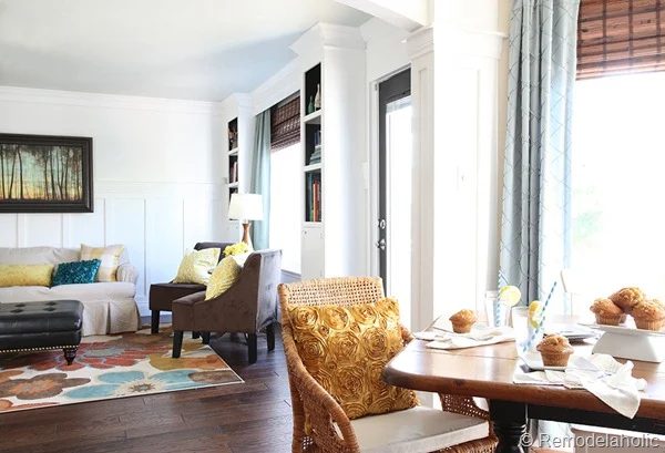 Dining Room updates bamboo shades-bench-wicker chairs white hutch blue and yellow (10)