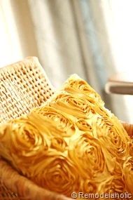 Dining Room updates bamboo shades-bench-wicker chairs white hutch blue and yellow (3)