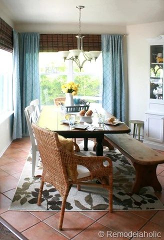 Dining Room updates bamboo shades-bench-wicker chairs white hutch blue and yellow (11)