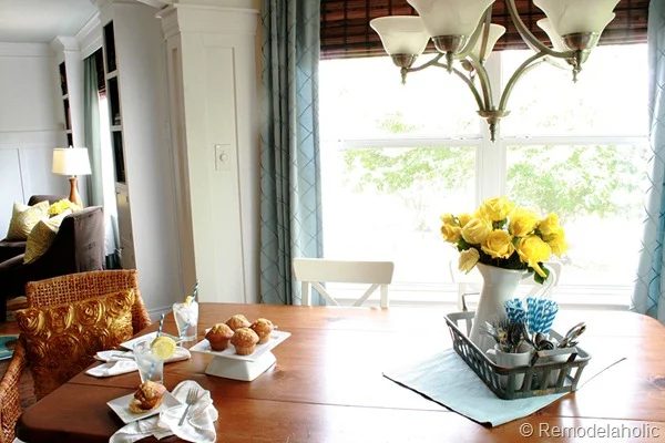 Dining Room updates bamboo shades-bench-wicker chairs white hutch blue and yellow (12)