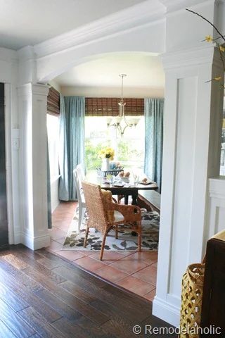 Dining Room updates bamboo shades-bench-wicker chairs white hutch blue and yellow (8)