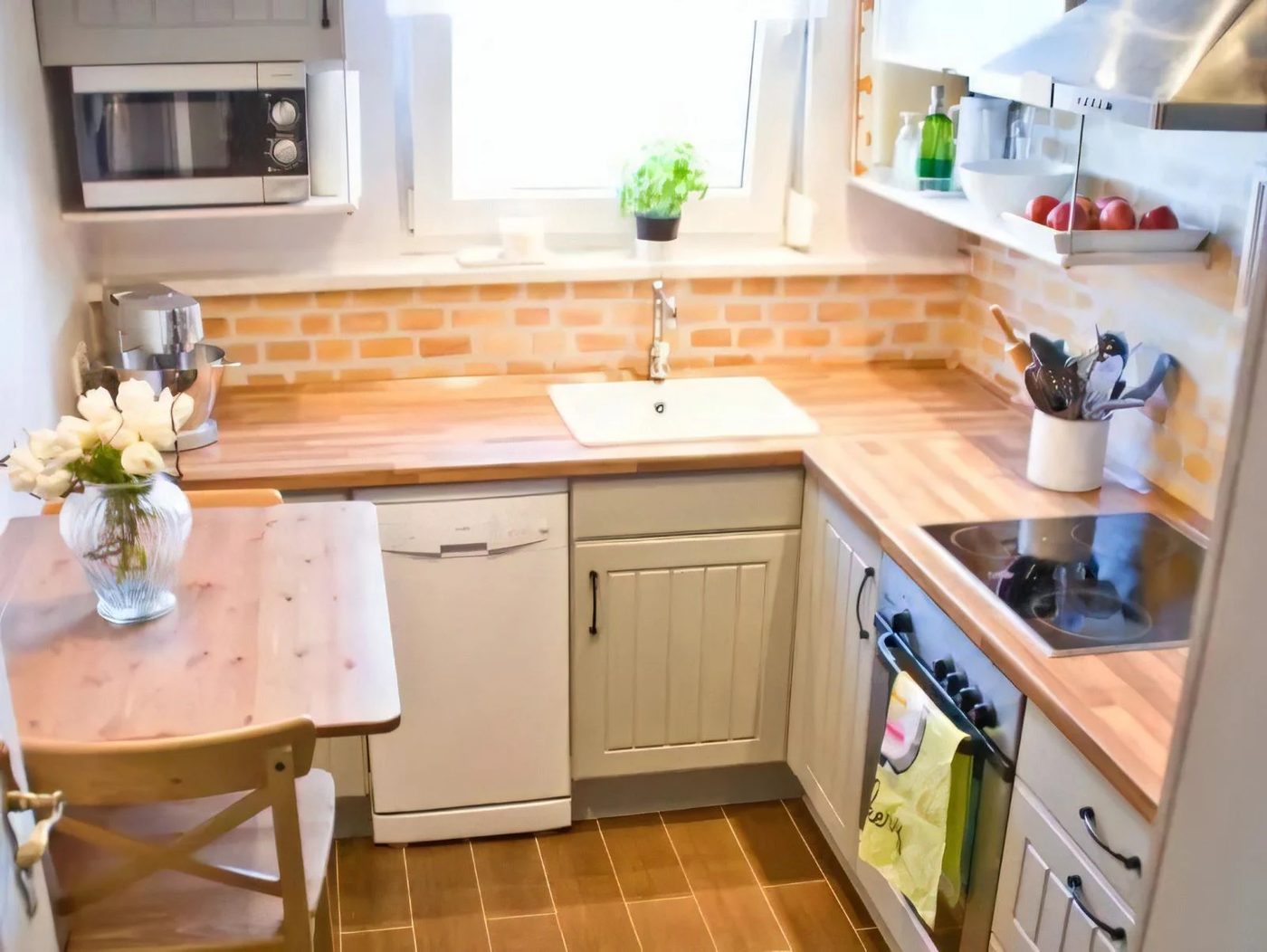 8a Tiny Kitchen Makeover With Painted Backsplash And Wood Tile Floors Pudel Design Featured On @Bekob 102836