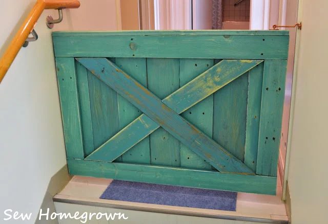 Aqua Turquoise Barn Door Baby Gate For Stairs, Building Plan By Bekob, Built By Sew Homegrown