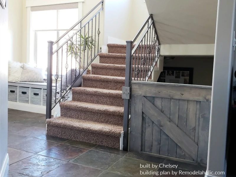 Wooden Barn Door Baby Gate Installed On A Metal Stair Banister, Built By Chelsey, Plans By Bekob