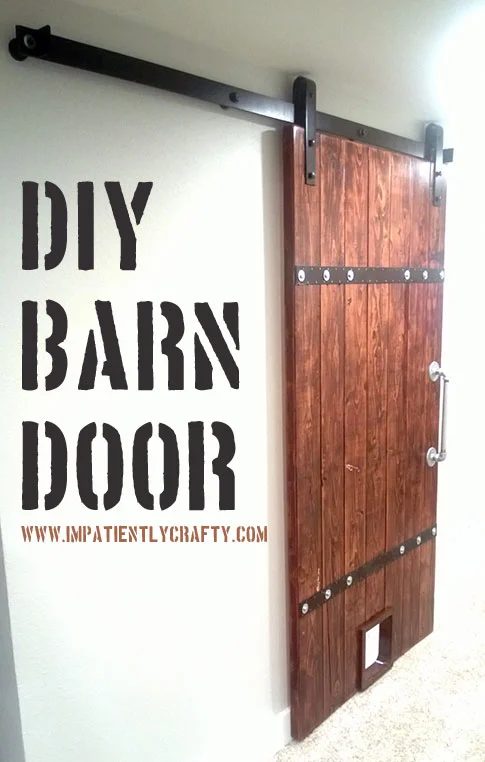 straightforward wood barn door with pet door and industrial metal accents - Impatiently Crafty