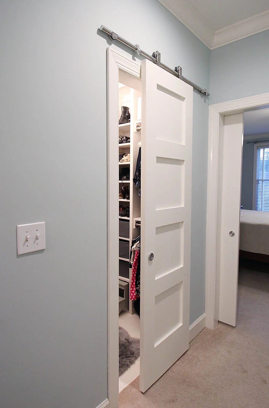 Handmade 5 panel barn door with stainless steel sliding hardware - Paper Daisy Design