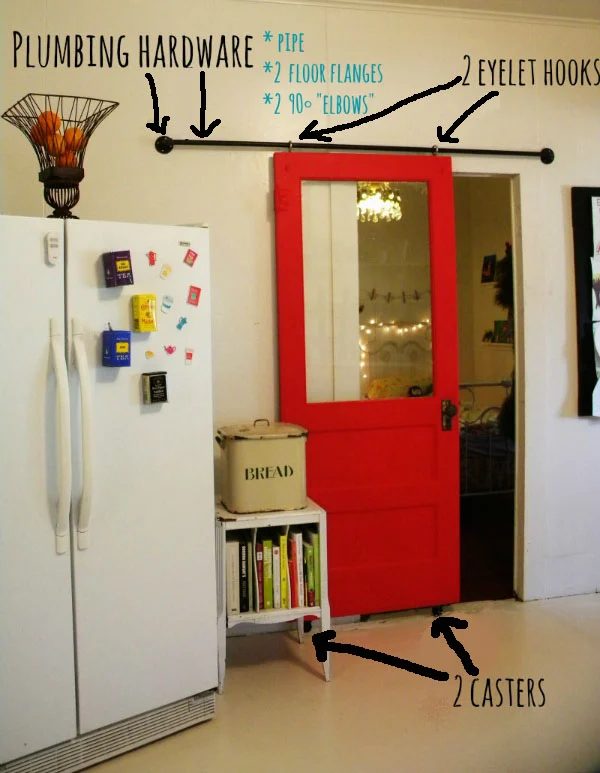 Handmade sliding door using plumbing hardware and casters - Fig Milkshakes