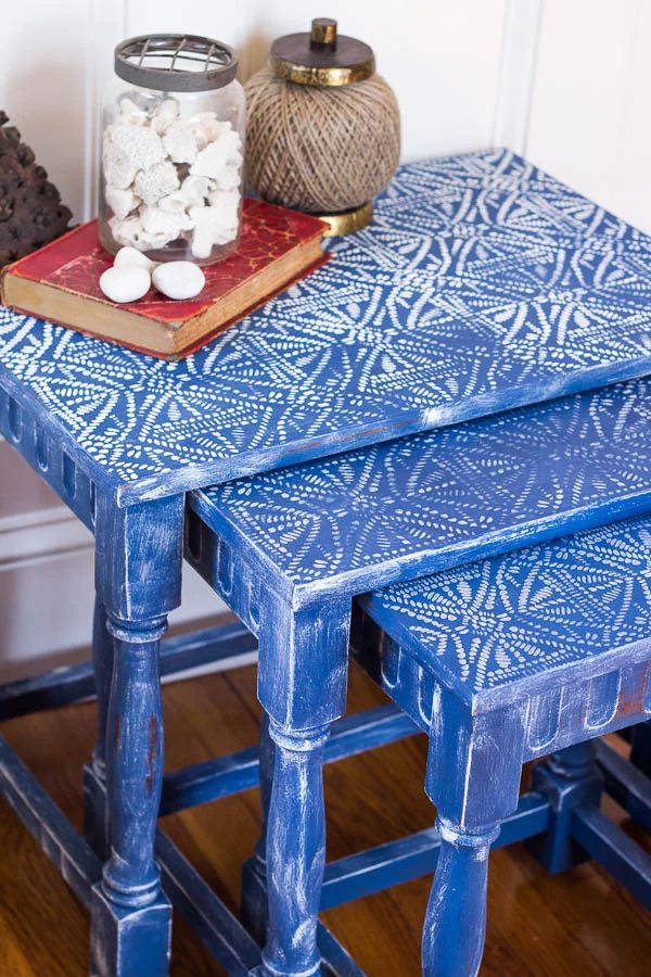 Napoleonic Blue Chalk Paint Tables With Batik Stencil