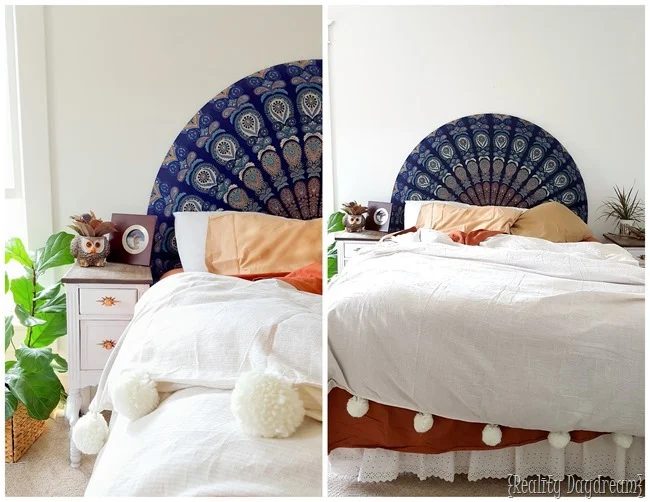 Easiest Headboard EVER... Use A Round Beach Throw To Upholster A Half Curcle Headboard Reality D 1