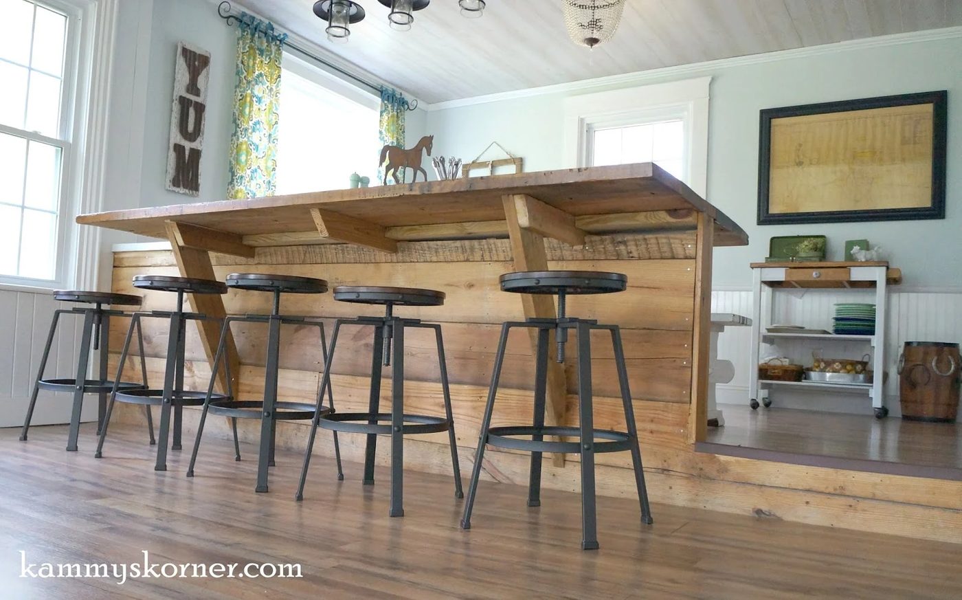 20 Step-down sunroom, built-in breakfast bar made of reclaimed wood, by Kammy's Korner featured on @Bekob