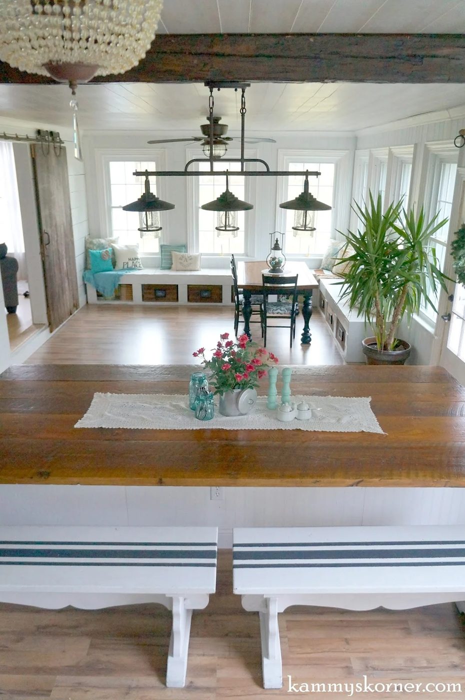 23 Sunroom and dining room renovation, built-in table, by Kammy's Korner featured on @Bekob