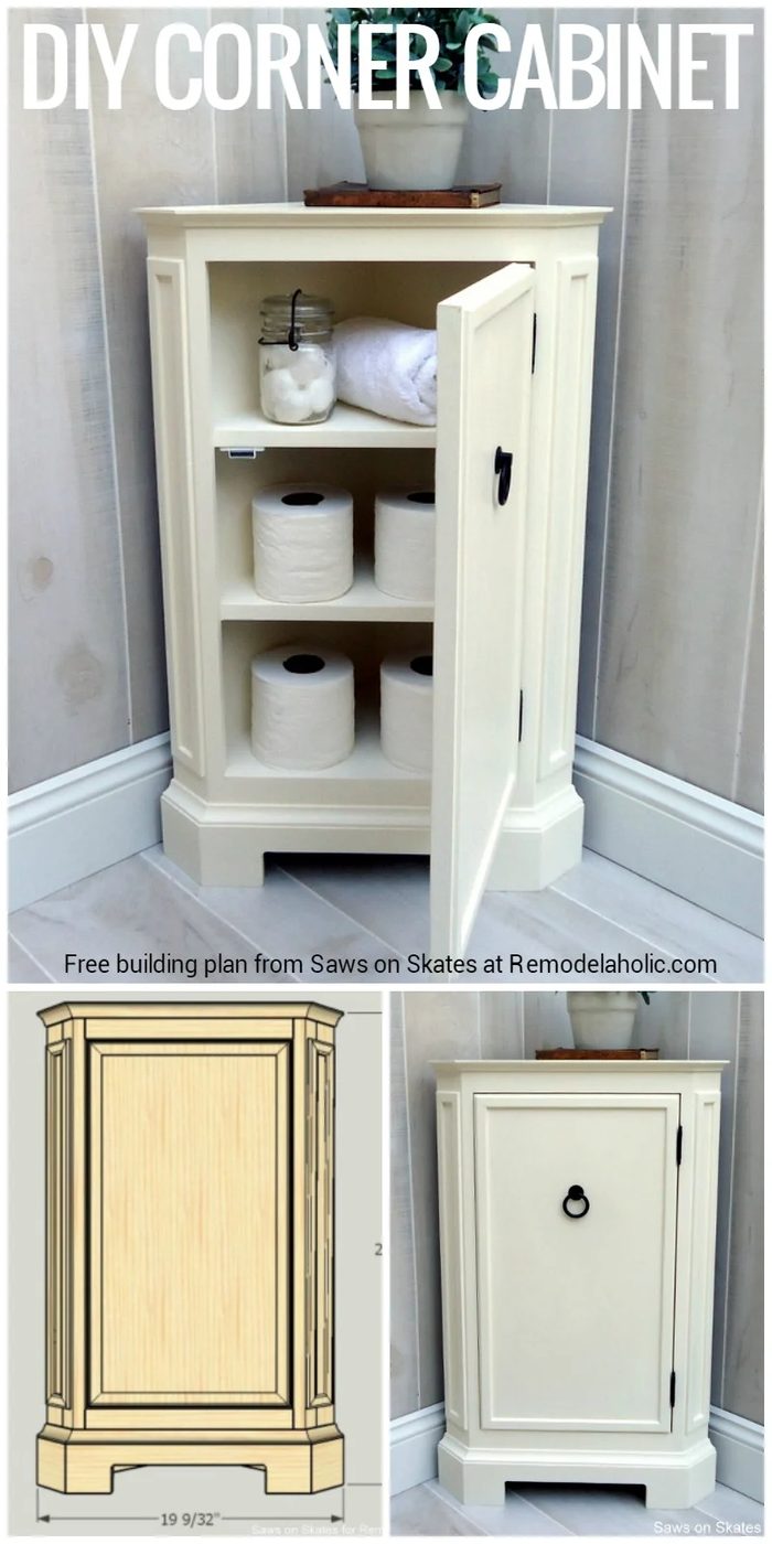 Build this space-smart corner cabinet with the free building plans from Saws on Skates at Bekob.com