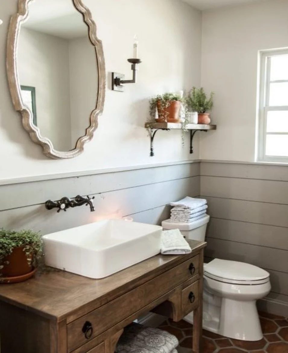 White And Grey Bathroom With Shiplap Bottom, Wood Vanity