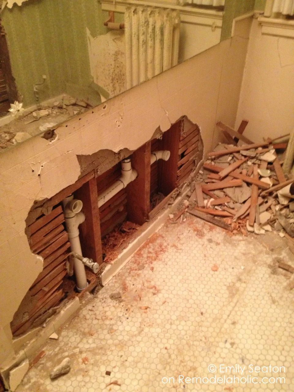boys' bathroom remodel with original tile