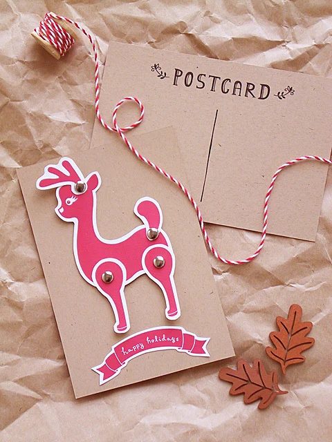 Brown Cardstock Turned Into A Christmas Cafd With Red Printable Reindeer And Gold Brads