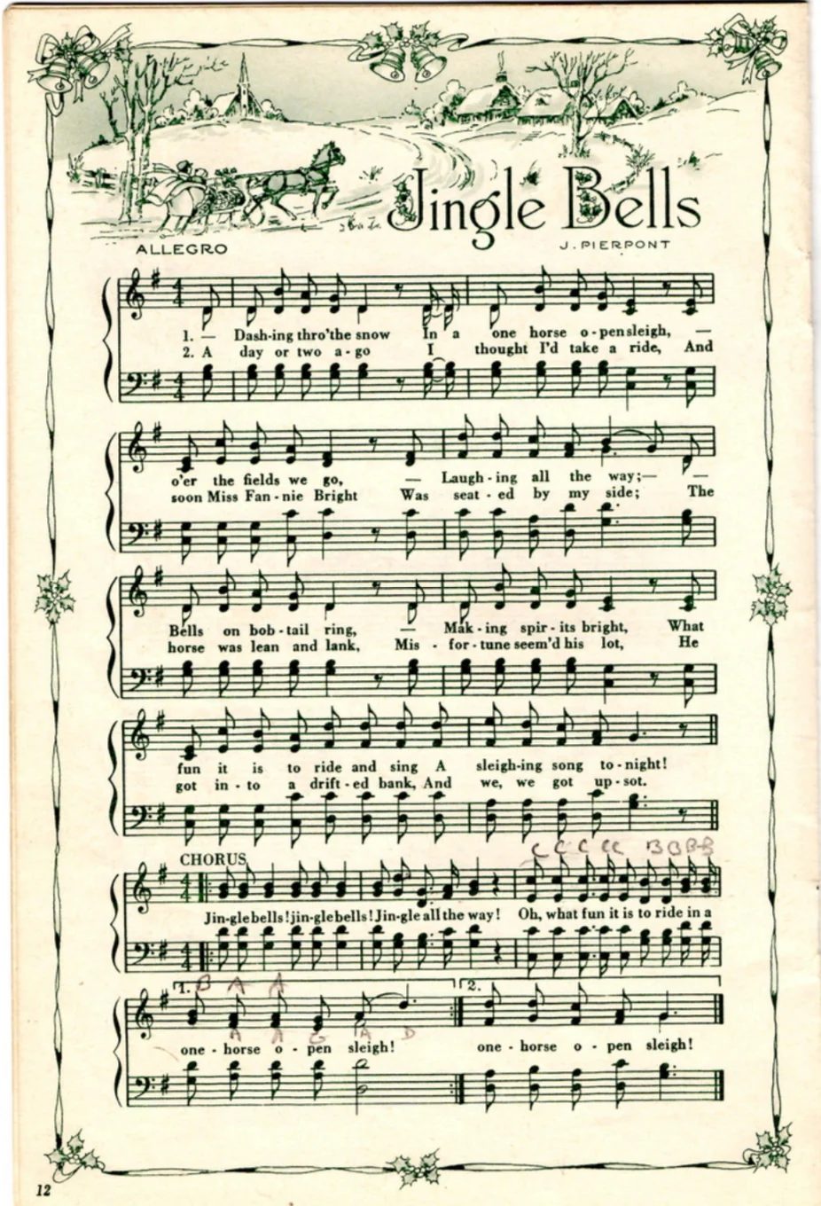 Vintage Christmas Music With Vintage Graphics, Sheet Music Showing Of Jingle Bells