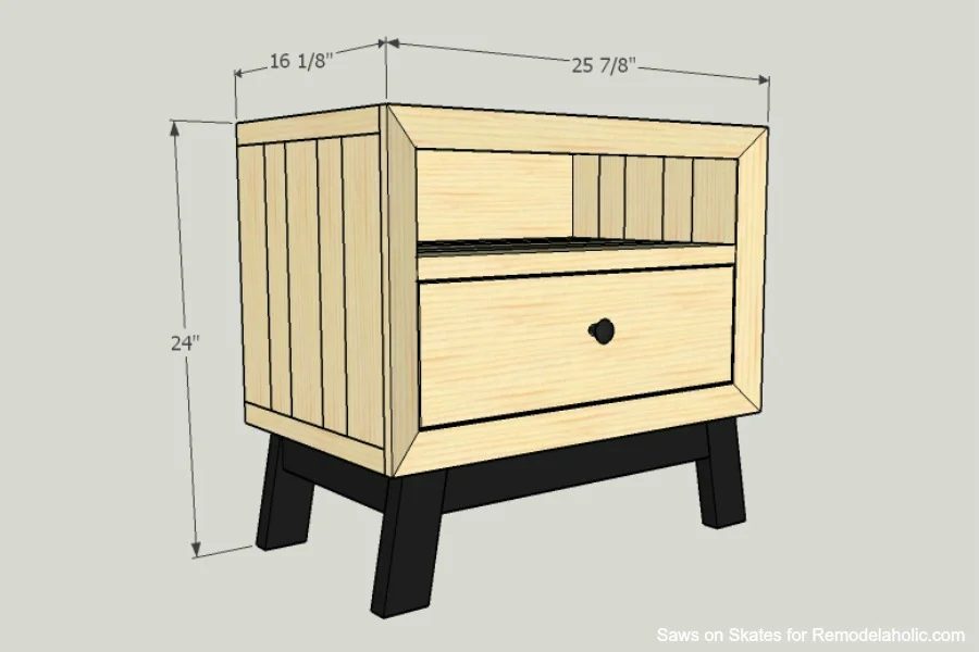 This chunky wood nightstand is made from solid wood and features angled mid-century style legs, an open shelf, and a sliding drawer for storage. Free building plan and walkthrough.