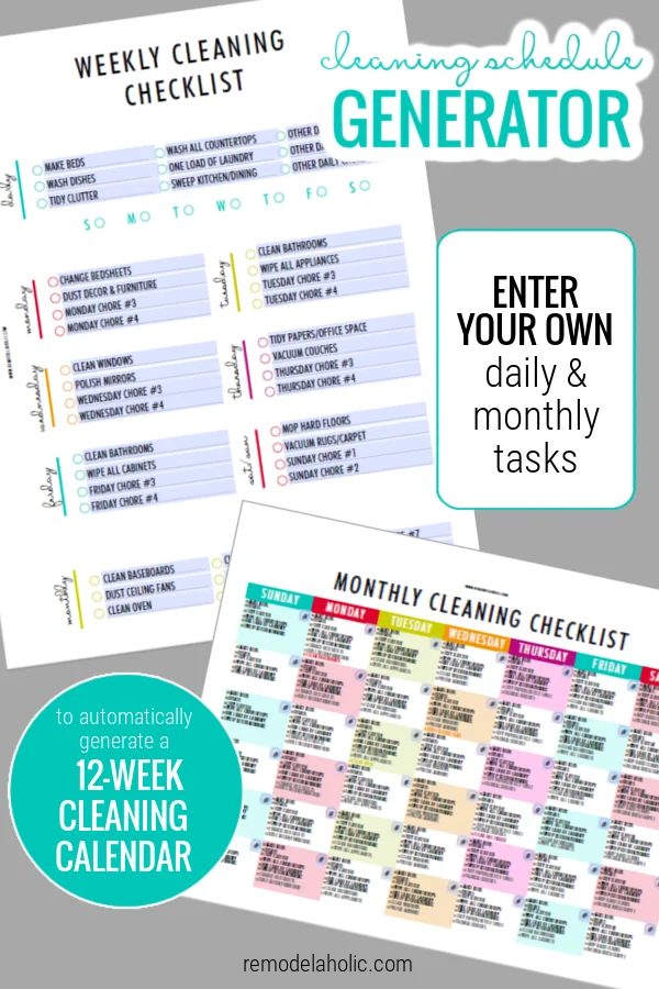 Automatic Editable Cleaning Schedule Creator Generator Makes Custom 12 Week Cleaning Calendar From Daily Tasks, Bekob