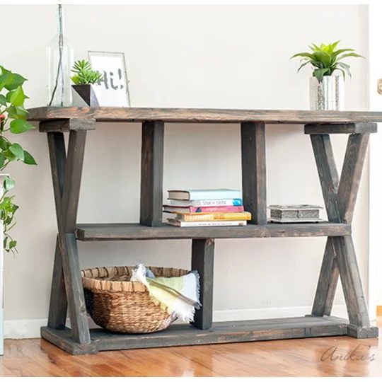 Long Narrow Wooden Shelf With Smaller Unique Shaped Shelves Under