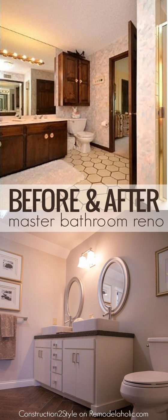 memorable master bathroom renovation! Handmade concrete coutnertops with vessel sinks, wood tile floor, and so many more striking updates! @Bekob