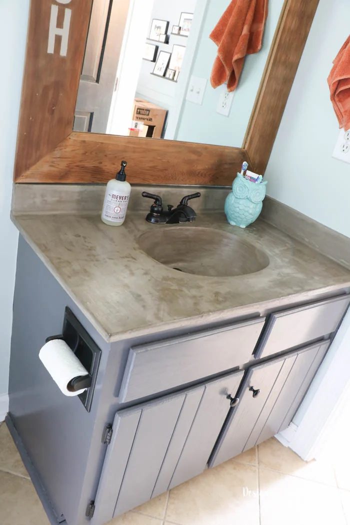 Tasha Designer Trapped handmade concrete countertop feather finish bathroom vanity with integral sink