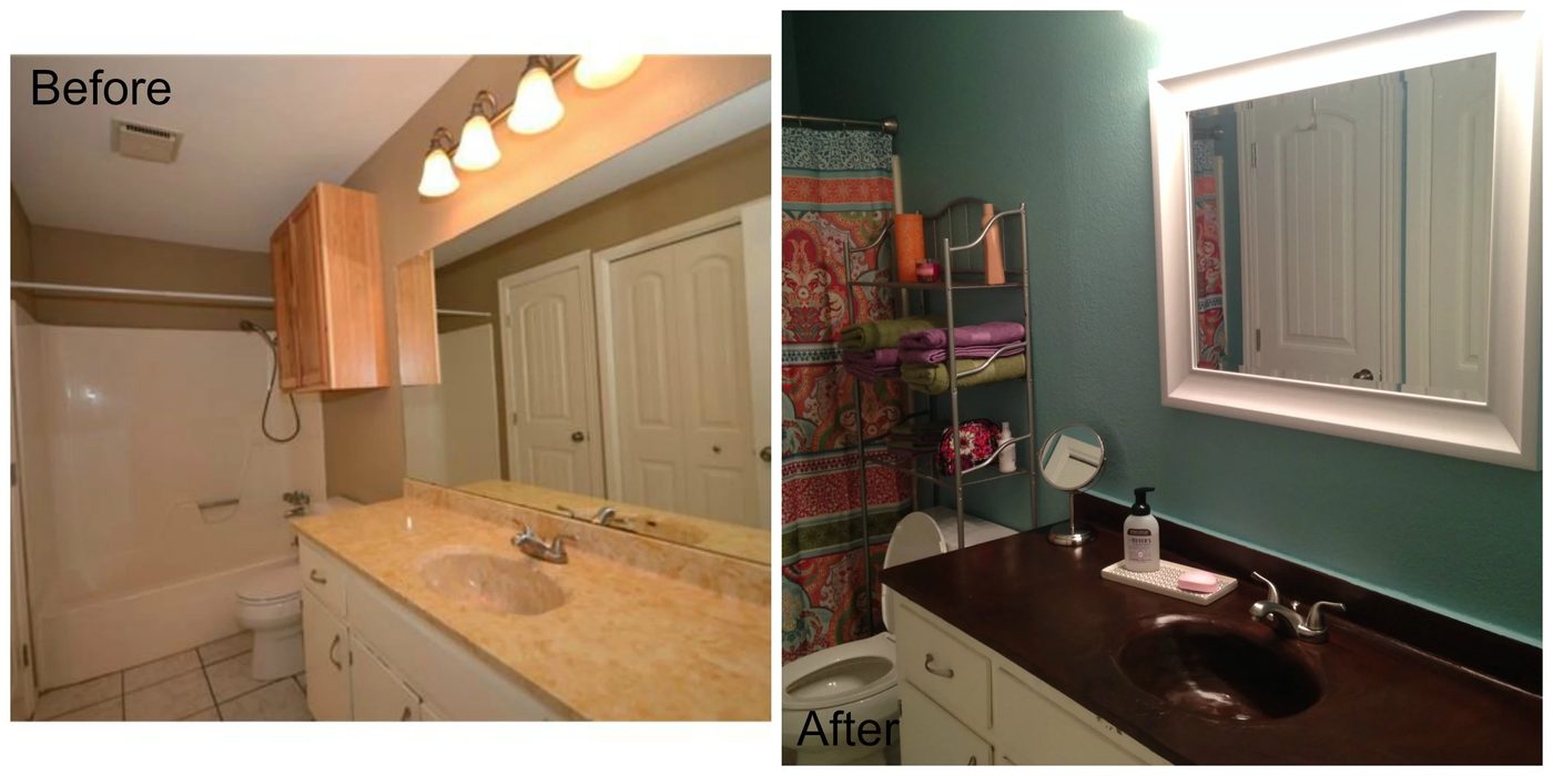 Marble to Concrete vanity, before and after, reader built from Bekob plans