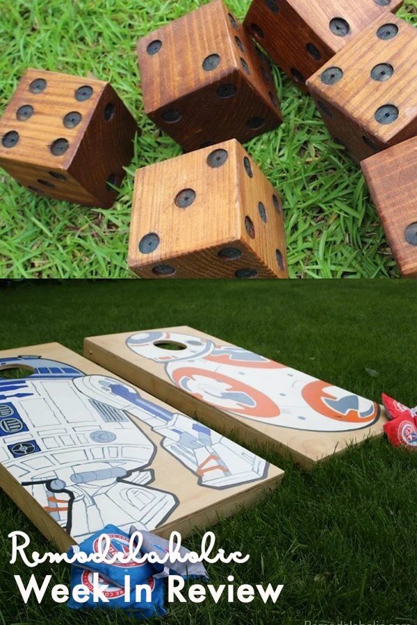 Yard Game Collage Showing Wooden Yard Dice And Handmade Star Wars Character Corn Hole