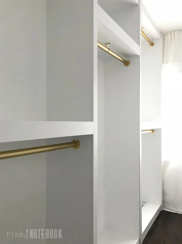 Diy Custom Walk In Closet Organizer From Plywood, With Gold Accent Hanging Rods, Pink Little Notebook Featured On #Bekob