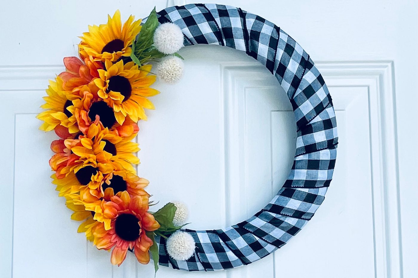 Handmade Dollar Tree Sunflower Wreath With Farmhouse Buffalo Check Fabric, Bekob
