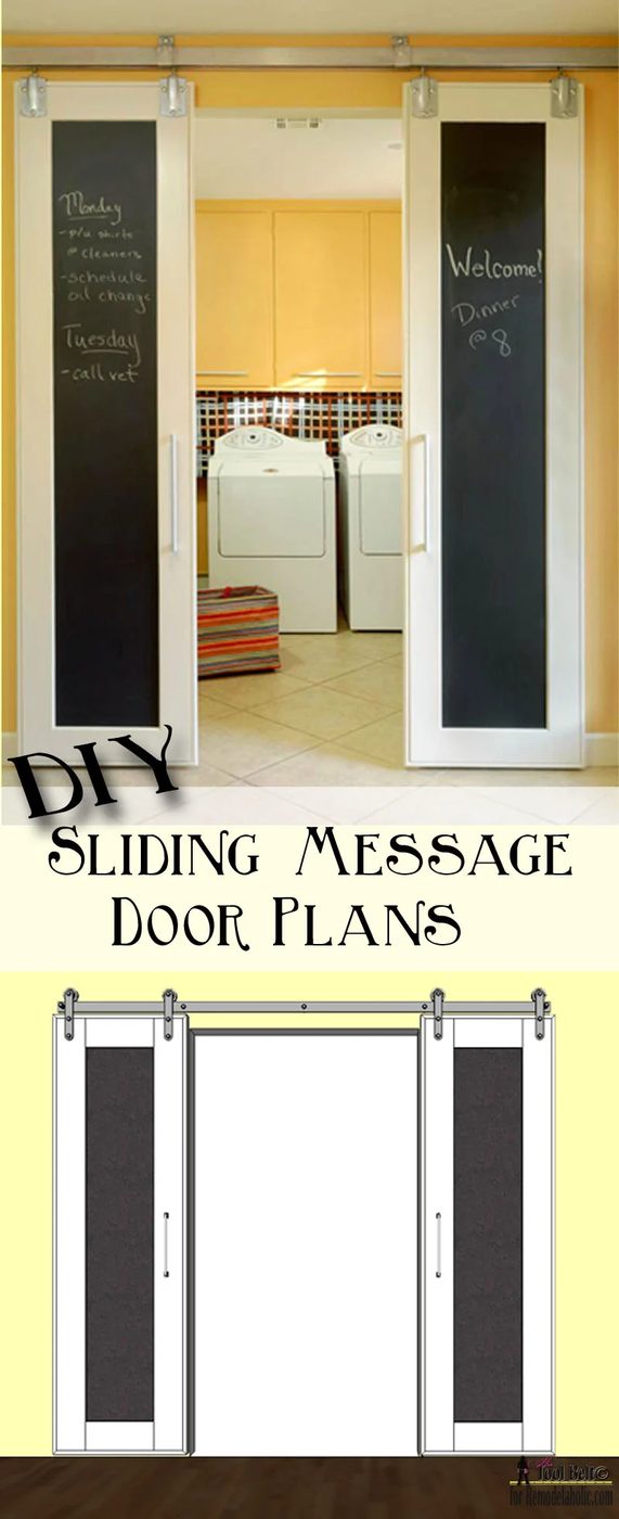 Combine two fun home decor trends, sliding barn doors and chalkboards. Build Handmade double sliding doors with free plans on @Bekob.