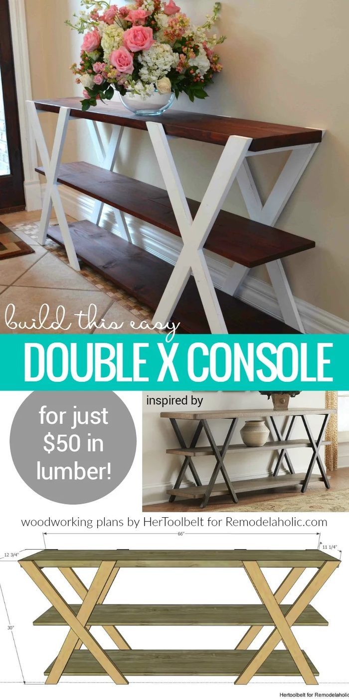 Handmade Double X Wood Farmhouse Console Table For $50, first-time Woodworking Plans, Bekob