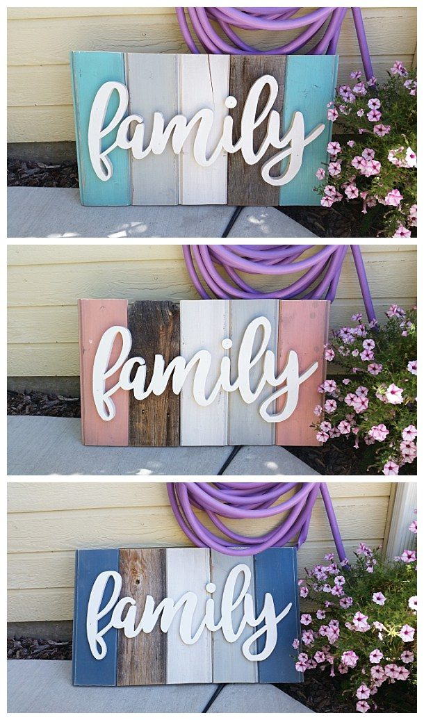 Handmade Family Word Art Sign Woodworking Project walkthrough 3 Color Schemes Of New Wood Distressed To Look Like Weathered Barn Wood Home Decoration