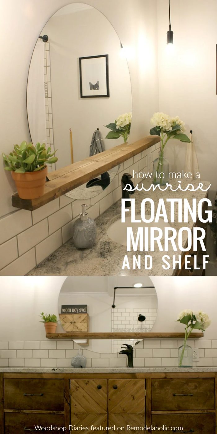 Give an inexpensive basic round mirror a modern update with this Handmade sunrise floating mirror and shelf -- well fitted for a bathroom vanity, but great for an entryway, too. wa