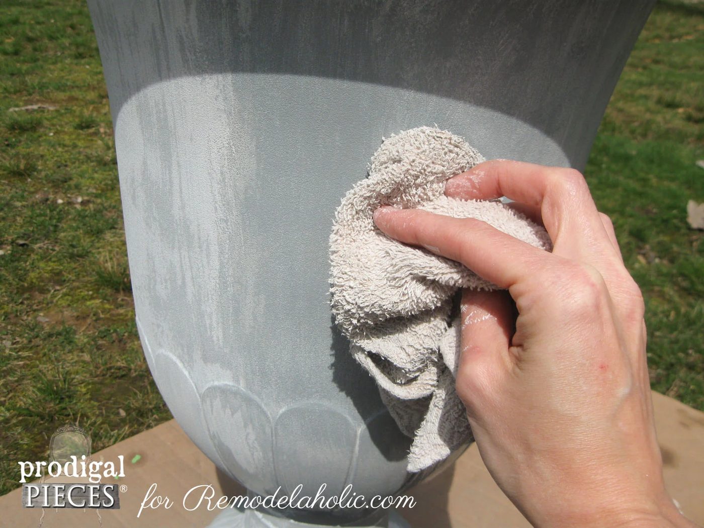 Handmade Faux Zinc Finish on a Garden Urn Planter by Prodigal Pieces for Bekob