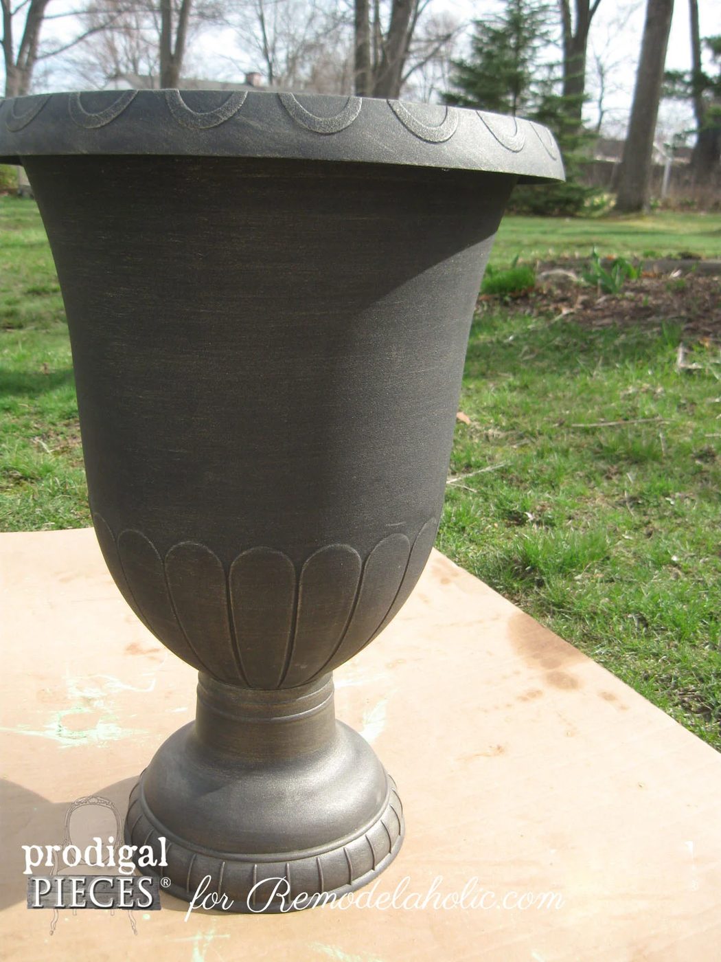Handmade Faux Zinc Finish on a Garden Urn Planter by Prodigal Pieces for Bekob