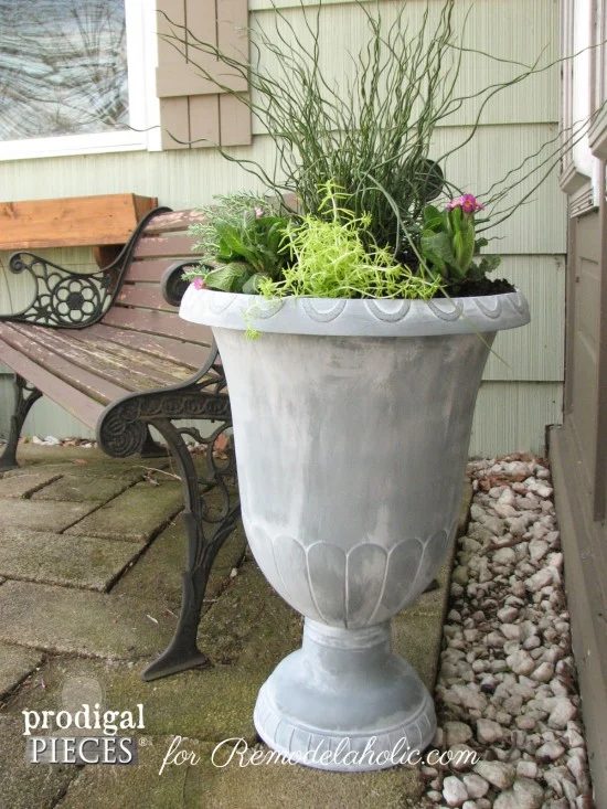 Handmade Faux Zinc Finish on a Garden Urn Planter by Prodigal Pieces for Bekob