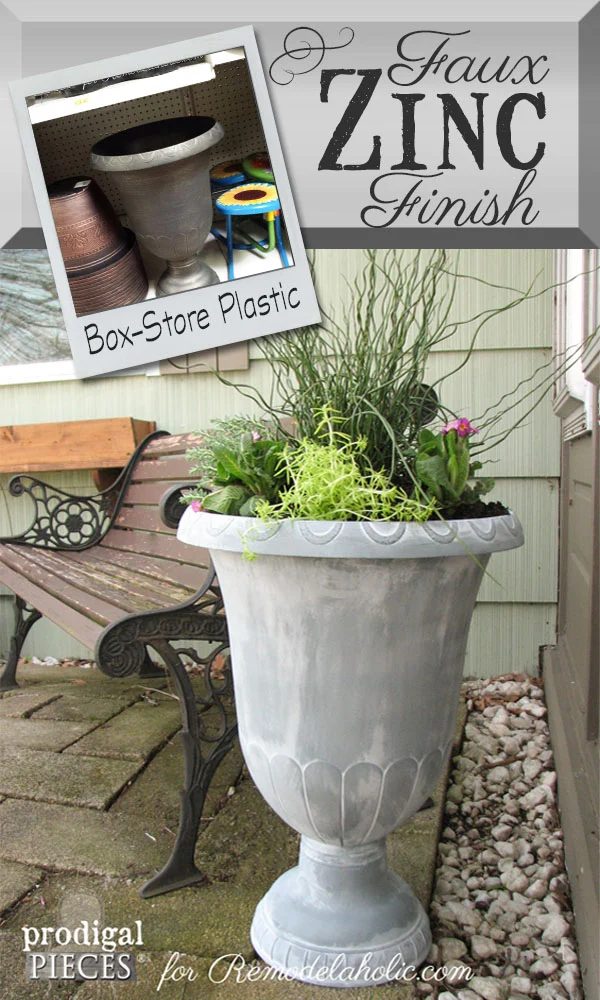 Handmade Faux Zinc Finish on a Garden Urn Planter - use this straightforward 2-step painting trick to make anything look old like this!