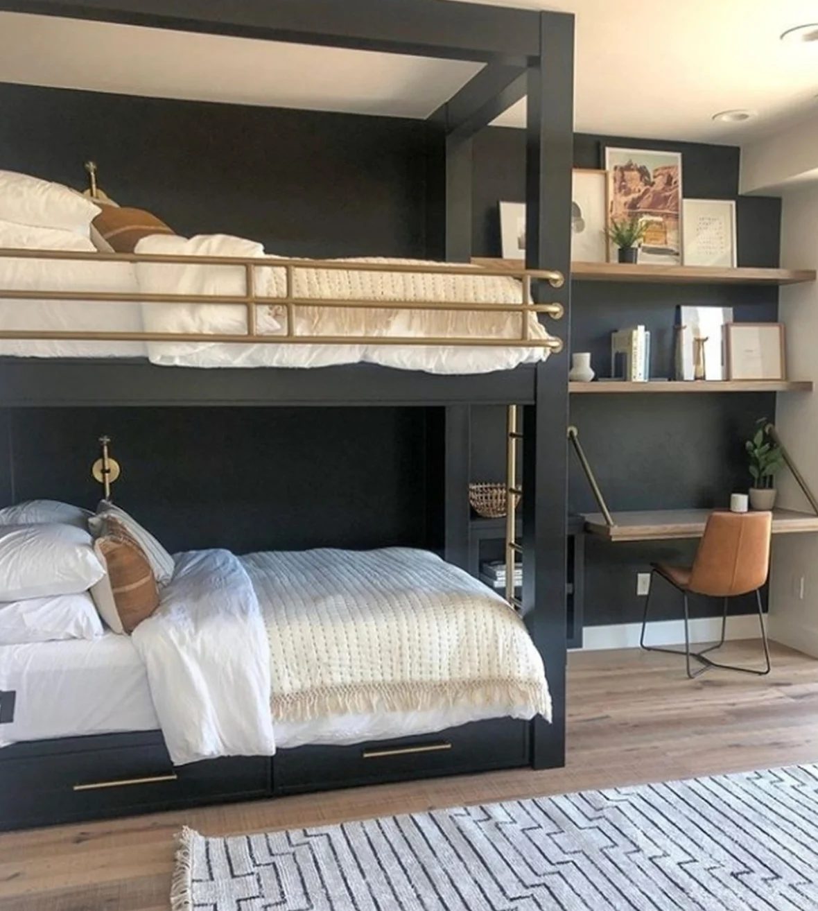 Built In Black Bunk Beds With Gold Accents And Built In Corner Desk